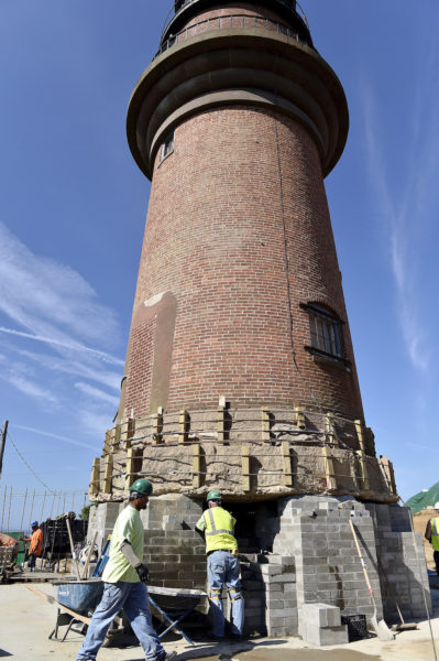Crews work to move the Gay Head Lighthouse on Martha’s Vineyard 129 feet